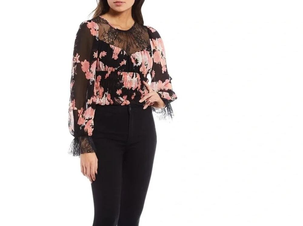 Free People Daphne Floral Lace Blouse In Midnight Combo NWT XS